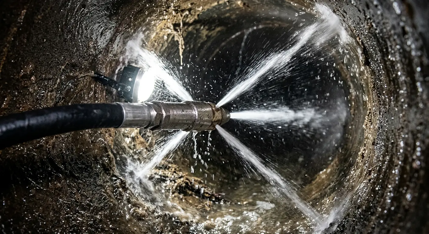 High-pressure hydro jetting nozzle cleaning sewer pipe for Emergency Drain Service in Tomah