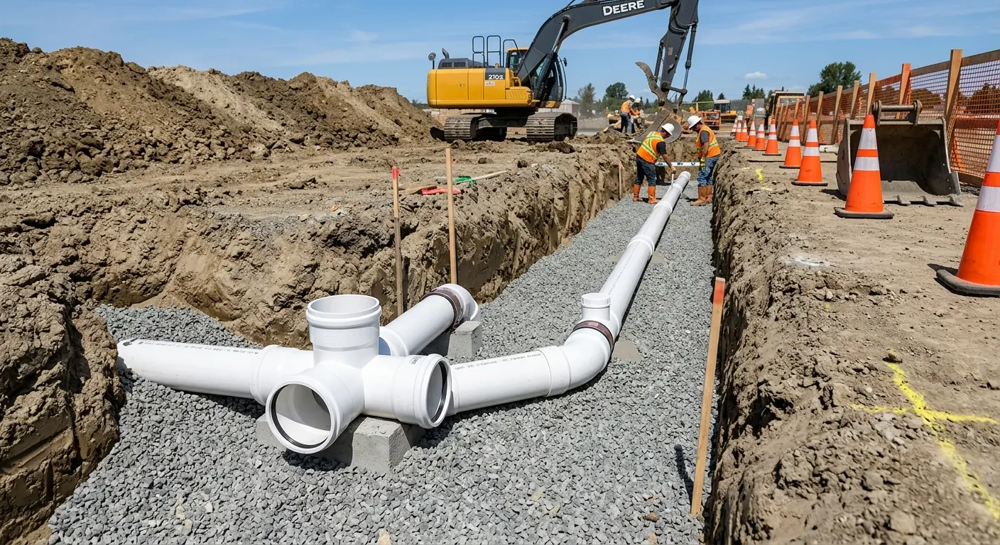 New PVC sewer pipe installation in open trench for Sewer Backup in Tomah