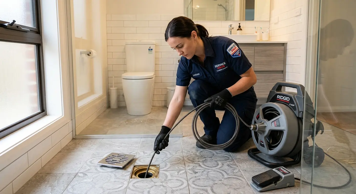 Technician clearing a bathroom floor drain for Drain Cleaning in Tomah